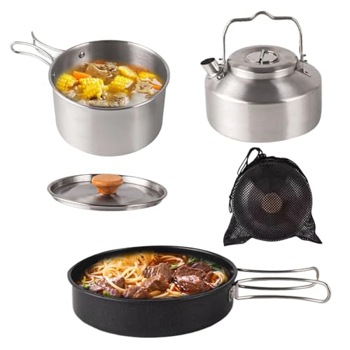 Kampeer Kochgeschirr - 3 Teile Tragbare Edelstahl Wasserkocher Mit Aufbewahrungstasche,Kochset Für Küche Outdoor Picknick Reise Abenteuer Scout Anfänger Fisch Eier Steaks