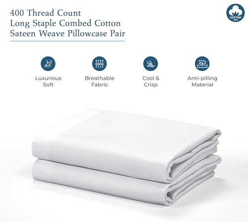 Image of Royale Linen 400 Thread Count 100% American Grown Cotton Standard Pillowcase Set - Luxury Sateen Standard Pillow case - 20 inchx26 inch Inch - Soft & Smooth Set of 2 White Pillowcases - (Std, Signature White)