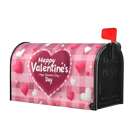 Image of Valentine's Day Plaid Pink Love Mailbox Covers Magnetic White and Pink Love Heart Mailbox Cover Standard Size 18 X 21 Inch Valentines Day Wrap Post Letter Box Decorative for Outdoor Home Garden Yard