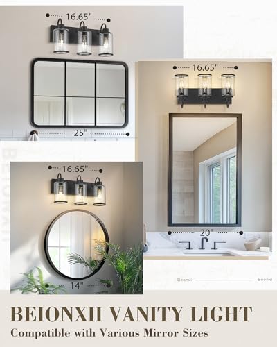 Image of Beionxii 3 Light Matte Black Vanity Light, Bathroom Light Fixtures with Clear Glass Shade, Bathroom Lighting Fixtures Over Mirror, Black Wall Lights for Mirror Living Room, BX-VL01MB-3CG