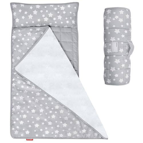 Moonsea Toddler Nap Mat with Pillow and Fleece Minky Blanket, Lightweight, Soft Perfect for Kids Preschool, Daycare, Travel Sleeping Bag Boys and Girls, 21″ x 50″ Fit Standard Cot