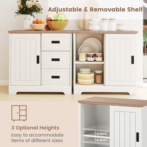 COSTWAY Elegant Sideboard Storage Cabinet, Kitchen Buffet with Sliding Doors, 3 Drawers & Adjustable Shelf, Coffee Bar Display Unit for Dining Room (White) - Image 6