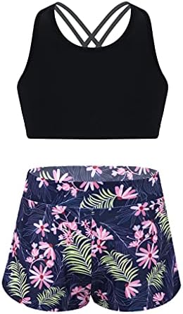 TTAO Kids Girls Crisscross Back Swimsuit Two Piece Tankini Sleeveless Crop Top with Shorts Navy Blue 14 Years