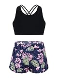 TTAO Kids Girls Crisscross Back Swimsuit Two Piece Tankini Sleeveless Crop Top with Shorts Navy Blue