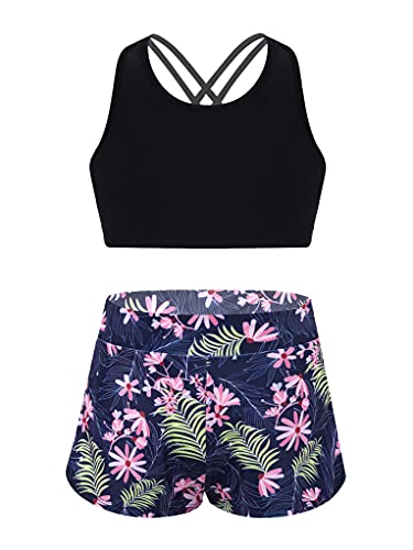 Ttao Kids Girls Crisscross Back Swimsuit Two Piece Tankini Sleeveless Crop Top With Shorts Navy Blue 14 Years #TOP1
