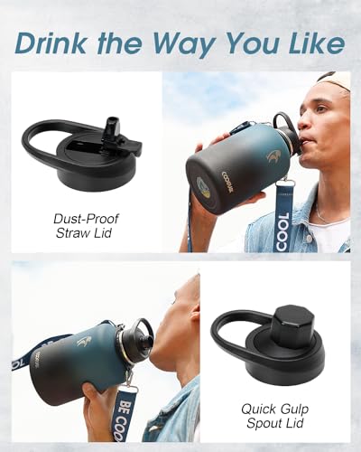 Coolflask 1.9 L Insulated Water Bottle with Strap, Stainless Steel Vacuum Flask with Straw & Spout Lids Leakproof for Sports, Travel, Gym, 48H Cold & 24H Hot, BPA Free, Indigo Black
