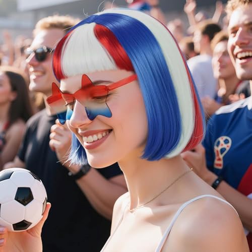 Image of ANOGOL Hair Cap+ (Sunglasses) Blue Red and White Bob Wig 4th of July Wig Synthetic Hair Short Patriotic Wigs for Independence Day Blue Red White Flag Wigs for Halloween Party Costume Outfit