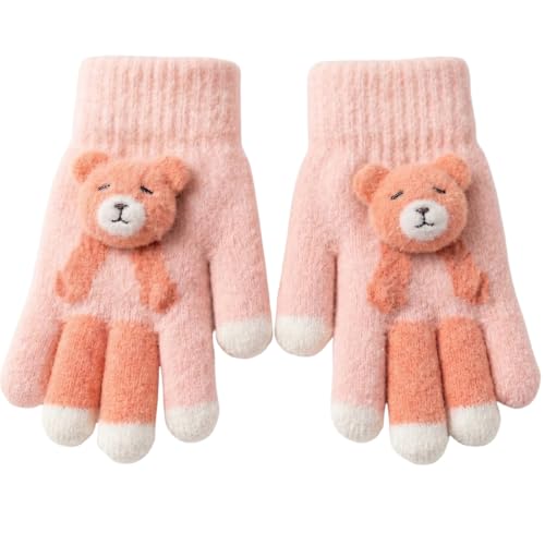 Image of Kids Winter Woolen Hand Gloves for Girls (Age 8-12 Years) | Soft Warm Knitted Gloves | Cute Teddy Bear Design | Cold Weather Gloves