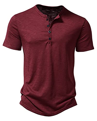 Camiseta casual para hombre, cuello de abuelo Henley, camiseta inteligente con medio botón, ajuste delgado, sin cuello, rojo vino, M