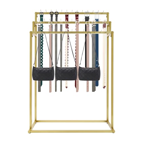 FFanhia Floor Mounted Belt Rack 3 Tier Retail Belt Display Rack 39 Hooks Ties Hanger Organizer Purse Shelf for Clothing Retail/Home(Gold)