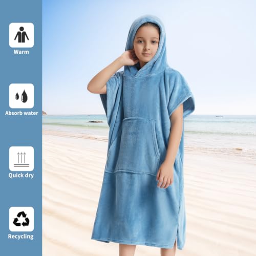 Surf Poncho for Kids Changing Towel,Coral Fleece Swimming Poncho Changing Robe with Pocket and Hood for 5-12 Years3