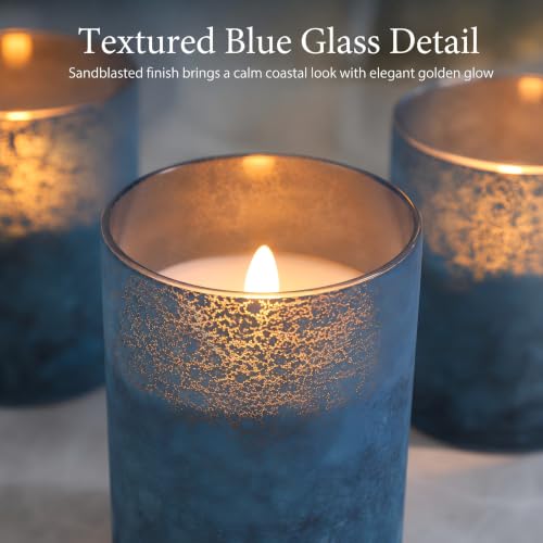 Image of Blue Battery Operated Candles Remote Timer Coastal Decor Set of 3 | Blue Sandblasted Glass, Warm White LED Glow, Real Wax, 10 Key Remote, 2 4 6 8 Hour Timer, 3 Sizes