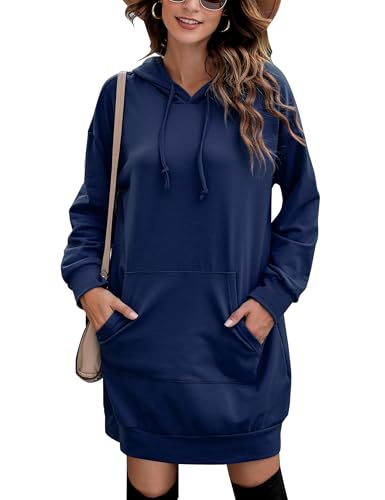 Quenteen Women Hoodies Dress Hooded Sweatshirts Dress Casual Long Sleeve Tunic Dress Oversized Sweatshirts with Pocket A-navy Blue
