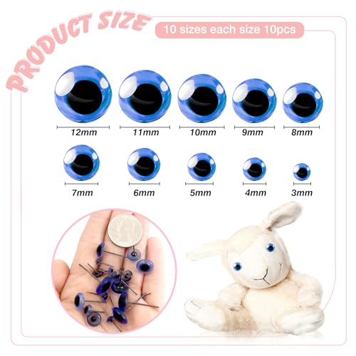 TOAOB 100pcs 3mm to 12mm Blue Plush Animal Doll Eyes Round Crystal Glass with Steel Pin for Puppet DIY Crafts Jewellery - Image 2