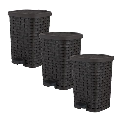 Image of Superio Mini Trash Can with Foot Pedal Small Outdoor Garbage Can with Lid, 1.5 Gallon Plastic Waste Basket for Bathroom, Bedroom, Kitchen, Office, Patio (Wicker Brown 6 QT.), 3 Pack