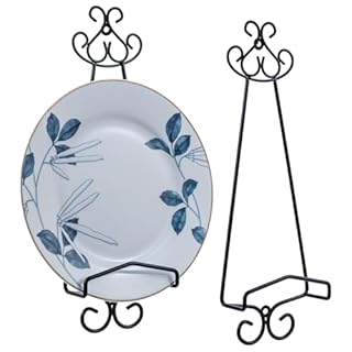 MyGift Set of 2 Vertical Hanging Collectible Plate Holders, Wall Mounted Matte Black Metal Wire Vintage Scrollwork Display Racks, Holds 8 to 11 Inch Plates