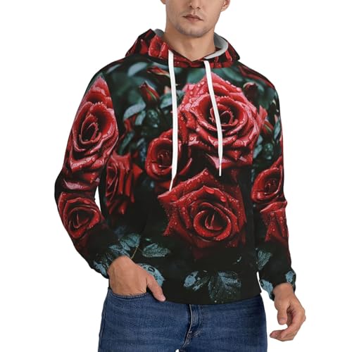 Men's Fleece Pullover Hoodie Long Sleeve Hooded Red and black rose Sweatshirt Casual Shirts With Pockets Small