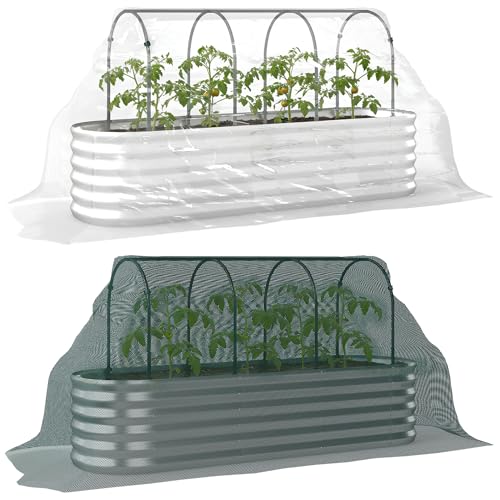 Outsunny Jardinera Exterior Grande con Cubierta de Invernadero y Malla, Huerto Urbano de Acero Galvanizado con Fondo Abierto, Resistente a la Intemperie, para Patio, Terraza, 200x60x103 cm, Plateado