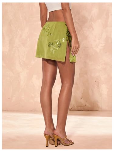 MakeMeChic Women's Floral Embroidery Mini Skirt Low Waist Tie Side Split Skirts3