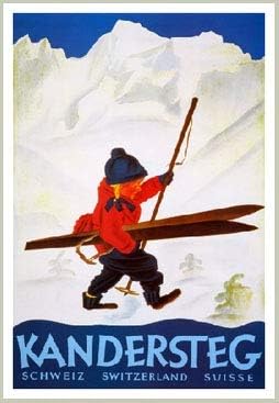 Kandersteg Swiss Ski Poster of Girl with Skis, Image 18 x 26.5 inches, Paper Size 19.5 x 27.5 inches