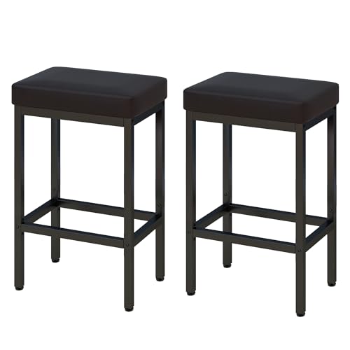 YMYNY Taburetes Altos de Cocina, 66 cm Taburete Cocina, Negro Cuero de Pu Taburete Alto, Taburetes de Cocina Con Cojín de 6 cm De Grosor y Base de Metal, Taburetes Altos para Mostrador Cocina, HBS513B