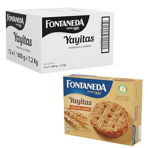 Fontaneda Yayitas Galletas Doradas al Horno, 72% de Cereales, Fuente de Fibra, 12 cajas de 600 g