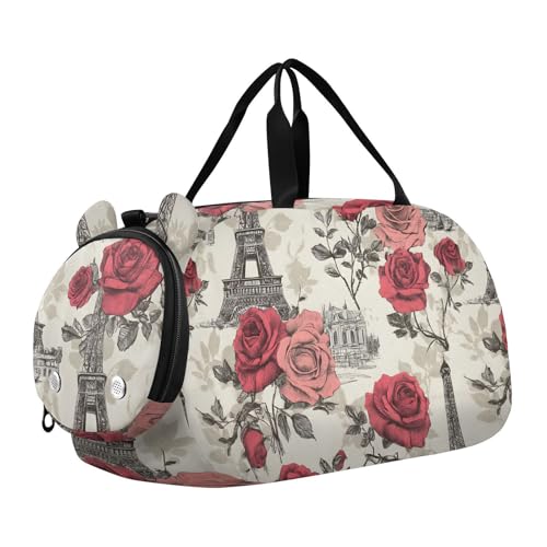 Duffle Bag for Boys or Girls with Shoes Compartment, Eiffel Tower Rose Line Sports Travel Bag Overnight