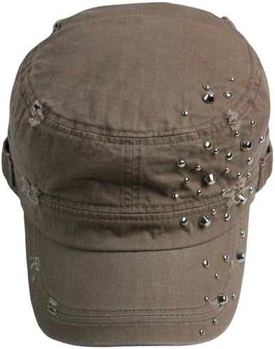 RaOn A267 Distressed Vintage Ripped Punk Rock Silver Stud Army Cap 