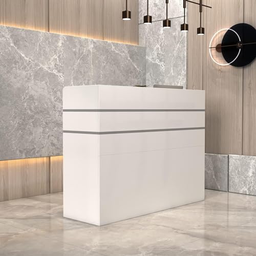 PREMTURE Reception Desk with Lockable Drawers, Reception Counter, Shop Counter Sales Desk, Office Furniture Reception Furniture with 3-Drawers and 1-Cupboard, 120W x 48D x 110H cm (White)