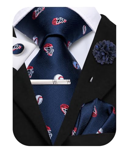 Image of Hi-Tie Blue And Red Baseball Necities for Men Set Woven Classic Tie and Pocket Square Lapel Pin Silver Tie Clip Cufflinks Set Wedding Business 6PCS