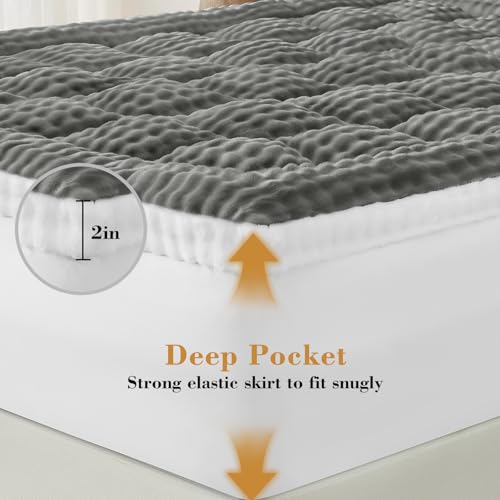 Image of Cymula Full Size Mattress Topper for Winter Fleece Bubble Pillow Top Mattress Pad with 8-21 Inch Elasticated Deep Pockets, Plush Down Alternative Fill Warm Fuzzy Mattress Protector, Grey