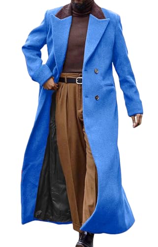 Image of Man's Double Breasted Full Length Trench Coat Casual Corduroy Collar Long Jacket Peacoat Wool Blend Winter