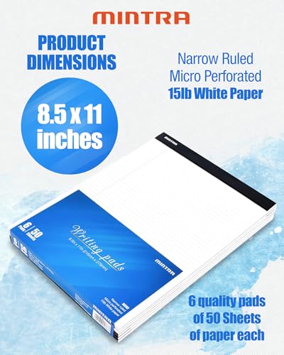 mintra office legal writing pads  white narrow ruled paper for writing amp note-taking  ideal notepads for business college school amp office use  8534 x 1134 6 pack