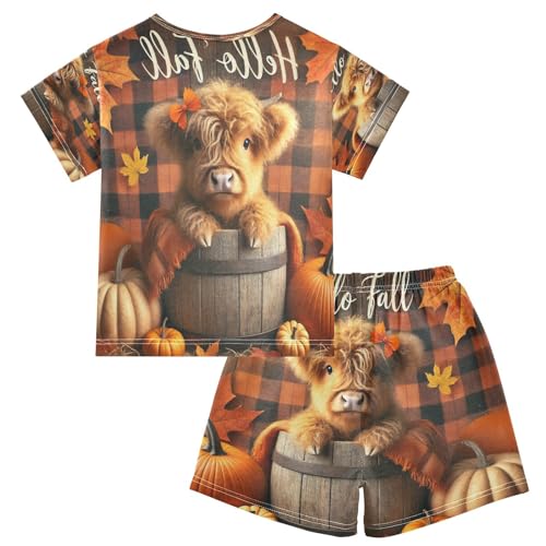 Fall Highland Cow Orange Pajama Set Short Sleeve Summer Pajamas Shorts Sets PJ Clothes Set Soft 5Y2