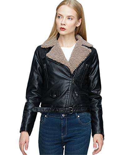 JIER Damen Lammfelljacke Kunstlederjacke Winterjacke Felljacke Bikerjacke Lederjacke Pilotenjacke Kurze Jacke Lammfell Coat mit Reißverschluss (Schwarz,X-Large)