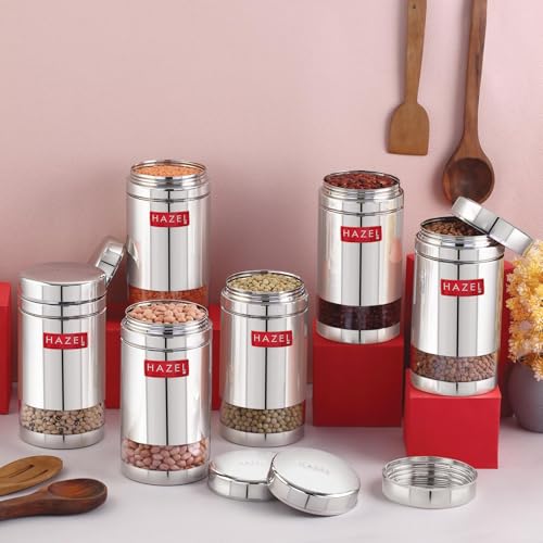 Image of HAZEL Stainless Steel See Through Transparent Container | Kitchen Air Tight Storage Dabba Containers Set of 6, 1200 ML