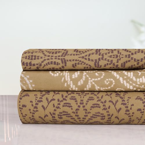 Image of Cloth Fusion Glace Cotton Elastic Fitted Bedsheet Queen Size for Double Bed with 2 Pillow Covers (78X60 inches,Ogee Brown)