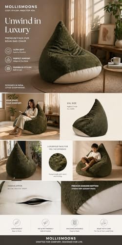 Image of Mollismoons Faux Fur Bean Bag Chair Cover for Adults & Kids | Luxury Lounger & Round Floor Sofa Seating | Modern Cozy Feel | No Beans Included (Oilve Green, Teardrop)