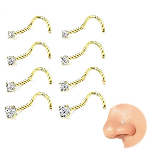 Kabwea Lot de 8 piercings pour le nez en acier chirurgical 316L, hypoallergénique, clous de nez pour piercing, or, L