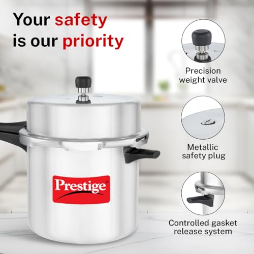 Image of Prestige 12 Litre Aluminium Popular Outerlid Pressure Cooker | Virgin Aluminium| Gas Compatible|Controlled Gasket Release System|5 years warranty|ISI Certified