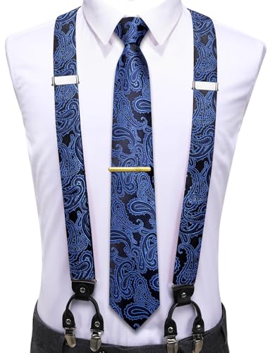 Image of Hi-Tie Men's Suspenders and Tie Set Silk Adjustable Elastic Y Braces with Strong 6 Clips Pocket Square Set