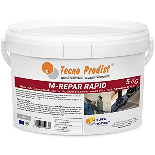 M-REPAR RAPID de Tecno Prodist - 5 kg - Mortier à friture rapide sans rétraction, fixation d'éléments en œuvre civile et étanchéité de filtrations d'eau. Couleur : gris.