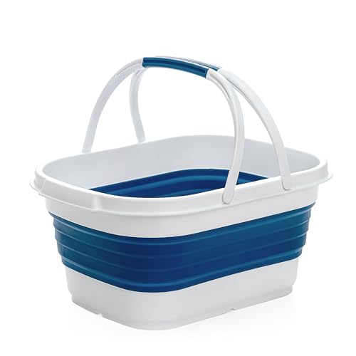 SAMMART 13L Faltbarer Korb mit Griff – Tragbarer Picknickkorb/Krater für den Außenbereich – Faltbare Einkaufstasche – Platzsparender Aufbewahrungsbehälter (White/Stone Blue)