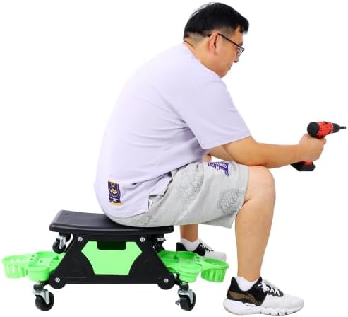 Rolling Detailing Creeper Seat, Roller Mechanic Detailing Utility Seat, Rolling Mechanic Stool with Wheels, Removable Tool Trays Drawer, 300 Lbs Capacity for General Garage Use, and Home Use
