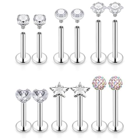 Kridzisw 16G Lip Labret Medusa Monroe Ring Stud Piercing Jewelry 16 Gauge Stainless Surgical Steel Snake Bite Ashley Lip Ring Flat Back Tragus Helix Cartilage Earring Stud Piercing Jewelry Women Men Cover