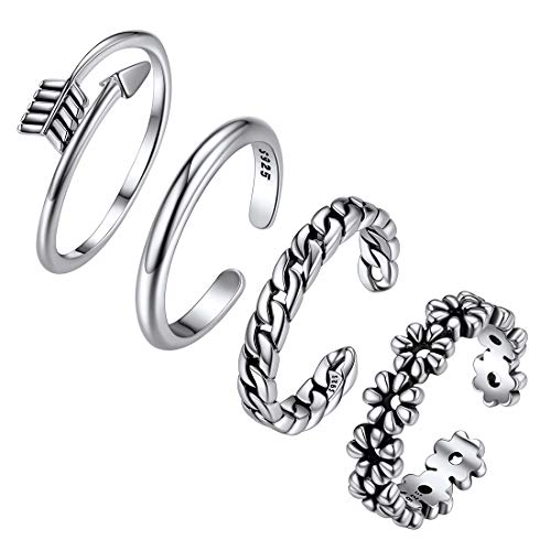 4 Pcs 925 Sterling Silver Toe Rings for Women Flower Arrow Band Hypoallergenic Open Adjustable Tail Rings Beach Foot Jewelry Set for Teen Girls
