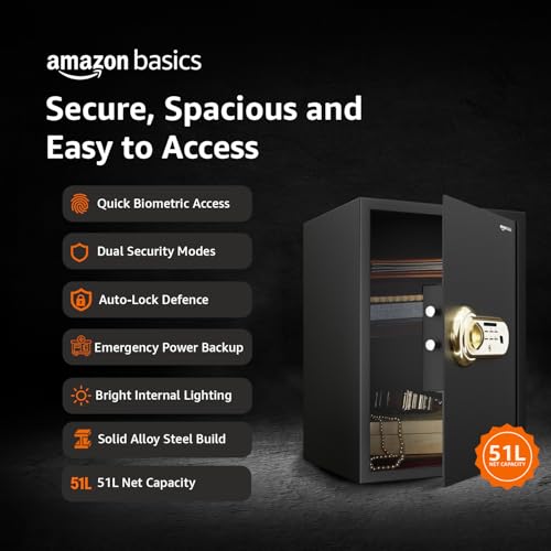 Image of Amazon Basics Digital Safe With Biometric Keypad | Metal Safe Locker For Home, Office, Hotel | Gross Capacity - 58L (Net - 51L), Black