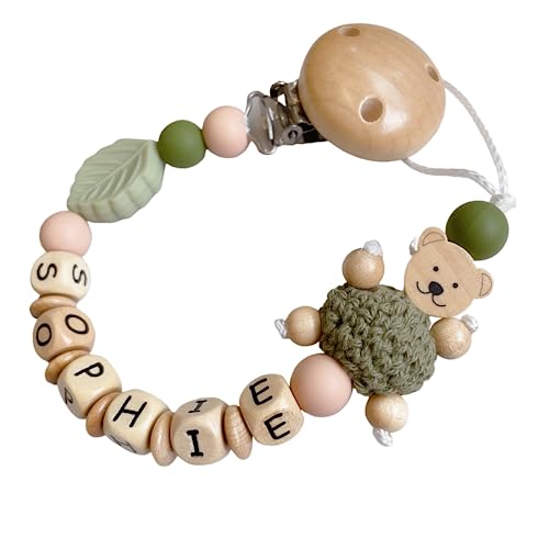 Schnullerband mit Namen für für Mädchen oder Junge Baby Geschenk personalisiert zur Geburt & Taufe Silikon Grün Blatt & Teddy