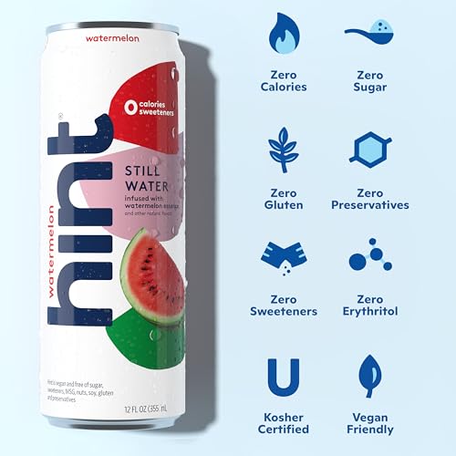 Image of Hint Watermelon Canned Flavored Water, Pure Still Water Infused with Watermelon Essence, 12 oz Slim Cans, Zero Sugar, Calories, Sweeteners, Preservatives, or Artificial Flavors (Pack of 24)