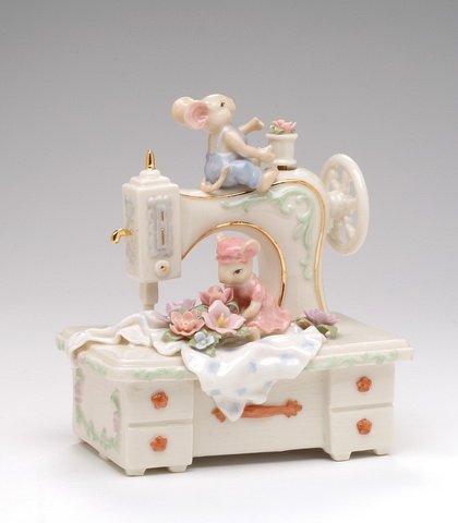 Cosmos Gifts Fine Porcelain Mouse Mice and Sewing Machine Music Box Figurine